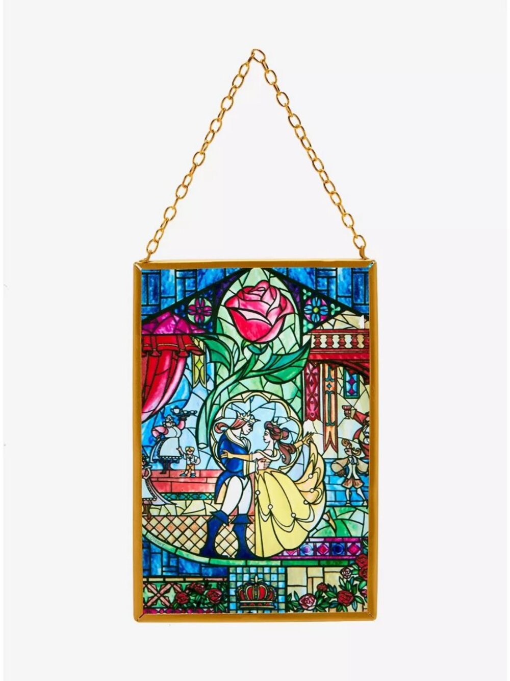 Disney Beauty and the Beast Stained Glass Art with Frame & chain for hanging NEW